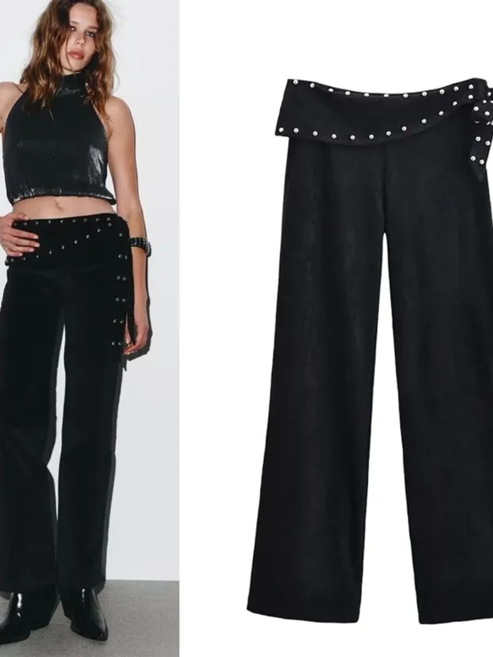Zara Studded Wide Leg Pants in Black XL NWT